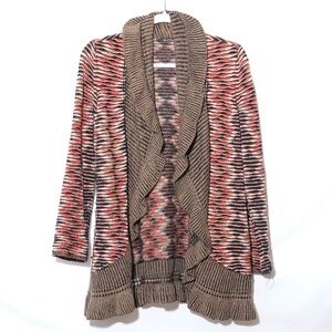 NIC+ZOE Knit Geometric Cotton Silk Open Front Shawl Ruffle Cardigan SIZE S